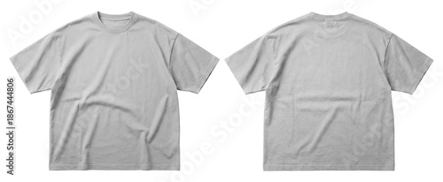 High-quality image of a t-shirt mockups shown in front and back views. Light grey color isolated on transparent background, Suitable for apparel template, clothing, branding.