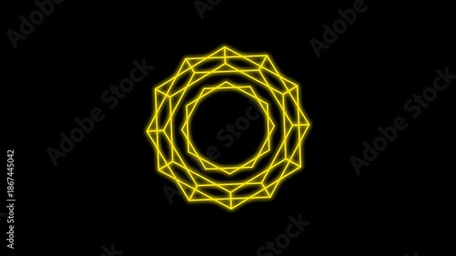 Yellow geometric star neon light with rotation loop animation on black background