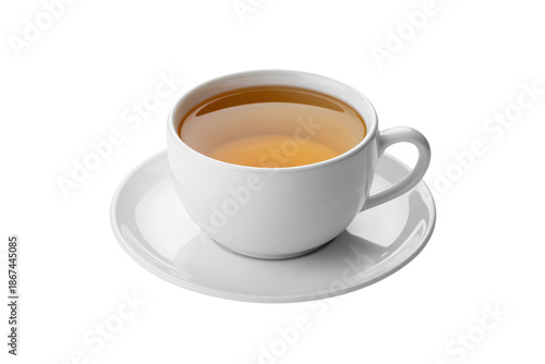 Cup of tea in white porcelain with warm golden liquid in soft studio lighting on isolated white background for beverage advertising