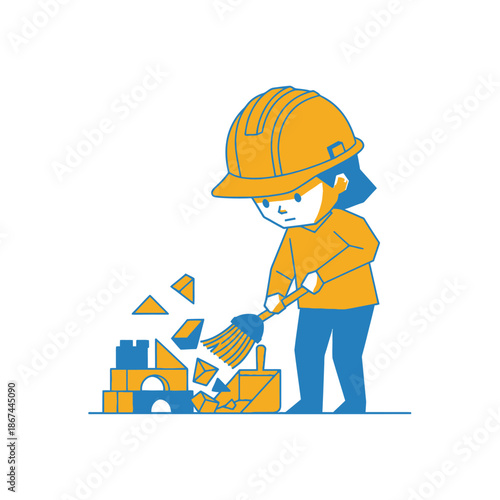 A focused child in a yellow hard hat diligently sweeps scattered blue and yellow toy building blocks with a broom and dustpan, representing cleanup.