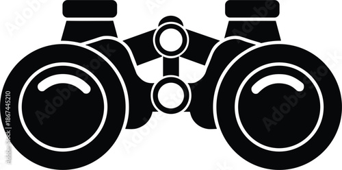 Black and white vector illustration of binoculars for bird watching surveillance observation scouting and field research outdoors.