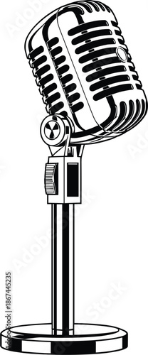 Black and white vector illustration of a classic vintage studio microphone on a stand for music and broadcasting.