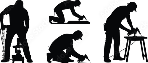 Construction worker silhouette using electric drill and power tools for carpentry wood building project home renovation site and industrial handyman work