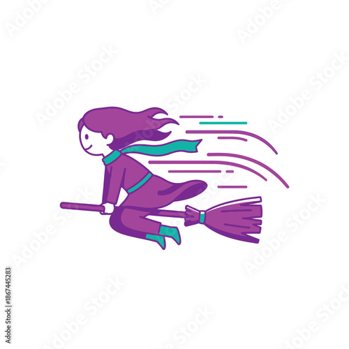 A whimsical purple-clad witch with flowing hair swiftly flies on her enchanted broomstick, creating a vibrant and magical scene perfect for Halloween celebrations and fantasy-themed designs.