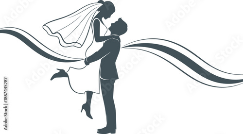 Romantic wedding couple silhouette with flowing veil and suit