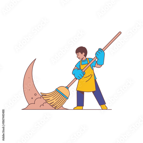 A dedicated individual diligently sweeps dust and debris from a crescent moon, symbolizing meticulous care and cosmic responsibility.