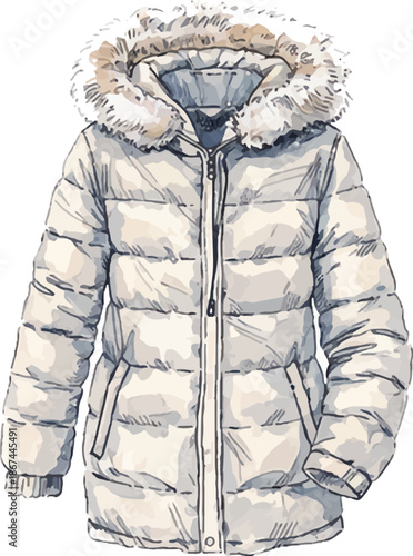 Beige Hooded Puffer Jacket with Fur Trim | Watercolor Illustration