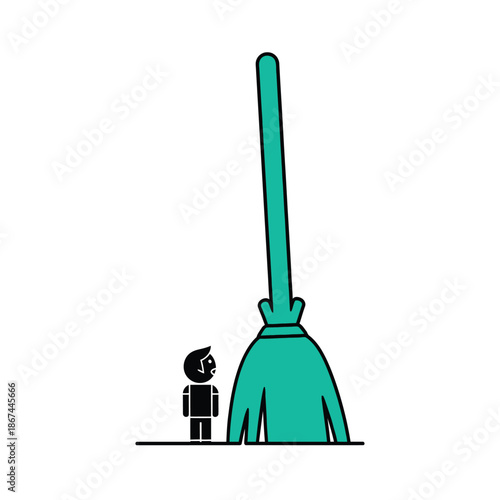 A tiny stick figure stands in awe, gazing up at an enormous, oversized green broom, highlighting a humorous contrast in scale and perspective.