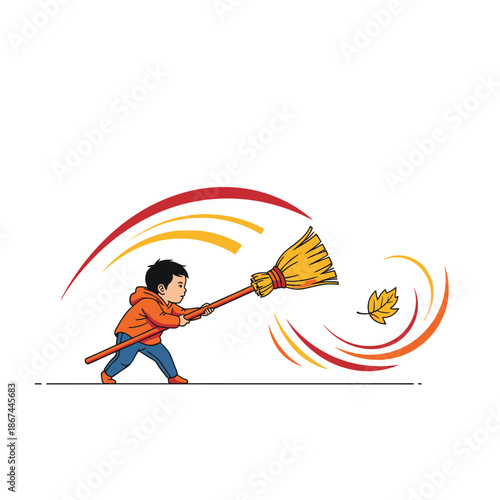 This charming illustration captures a young child's determined effort as they sweep a solitary autumn leaf with a broom, embodying seasonal work.