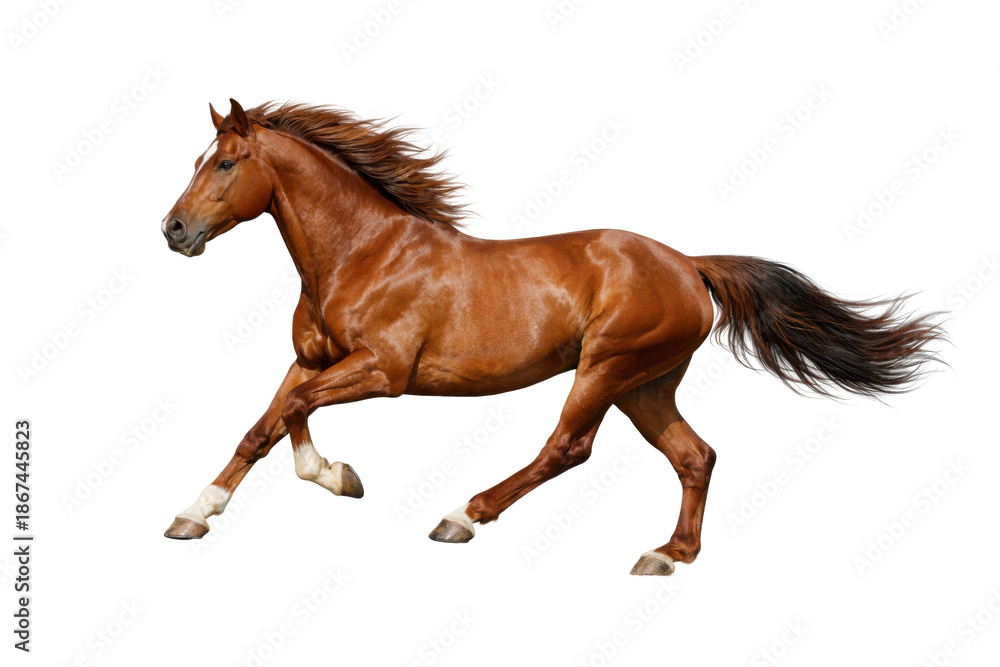 Obraz premium Powerful chestnut horse running at full stride, side view, capturing dynamic motion, strength, and natural elegance isolated on white background.