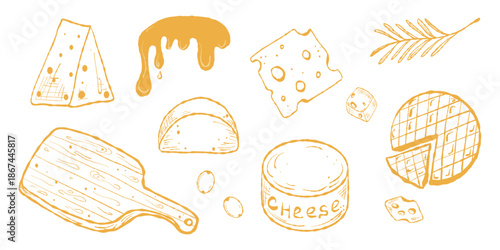 Cheese Icons Collection, Wedges, Wheels. Cheeseboard Elements, Vector Food Icons for Design. Gourmet Cheese Set, Clipart for Menus and Labels