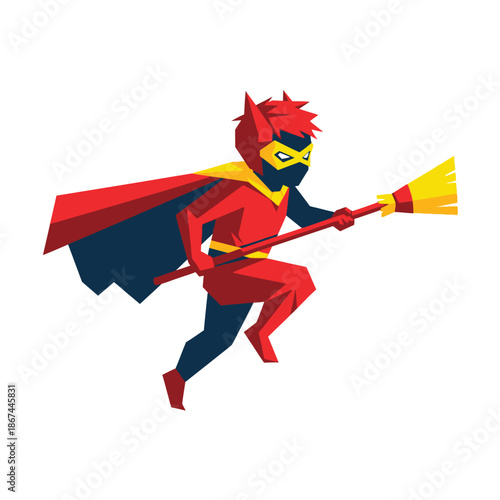 A dynamic vector illustration depicts a masked hero in a red and blue costume, energetically running or flying with a broom, symbolizing speed, cleanliness, and playful action.