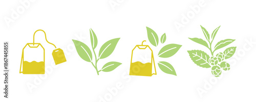 Illustration of a tea leaf alongside a bag. Icons depicting teabags and leaves
