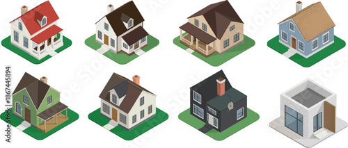 Isometric 3D House Icon Set Featuring Modern Residential Architecture, Suburban Cottage Homes, Real Estate Property Models, and Neighborhood Building Vector Illustrations.
