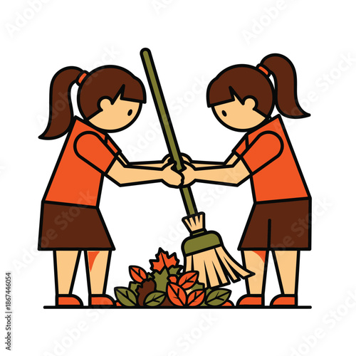 Two cheerful cartoon girls are diligently sweeping a pile of colorful autumn leaves together, demonstrating teamwork and seasonal outdoor chores.