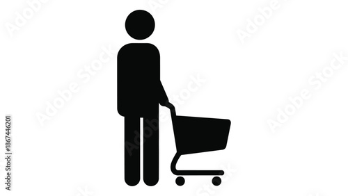 Simple black silhouette of a person pushing a shopping cart icon