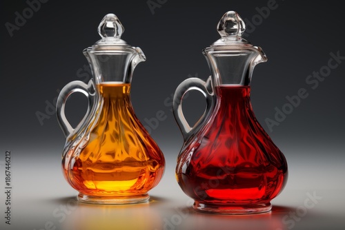 Glass cruets filled with golden oil and red vinegar standing on a surface