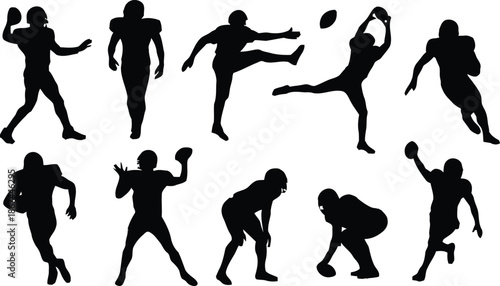 american football, player, silhouette, sport, athlete, football player, action pose, team sport, athletics, black, shape, design element, isolated, monochrome, graphic, illustration, collection, vario