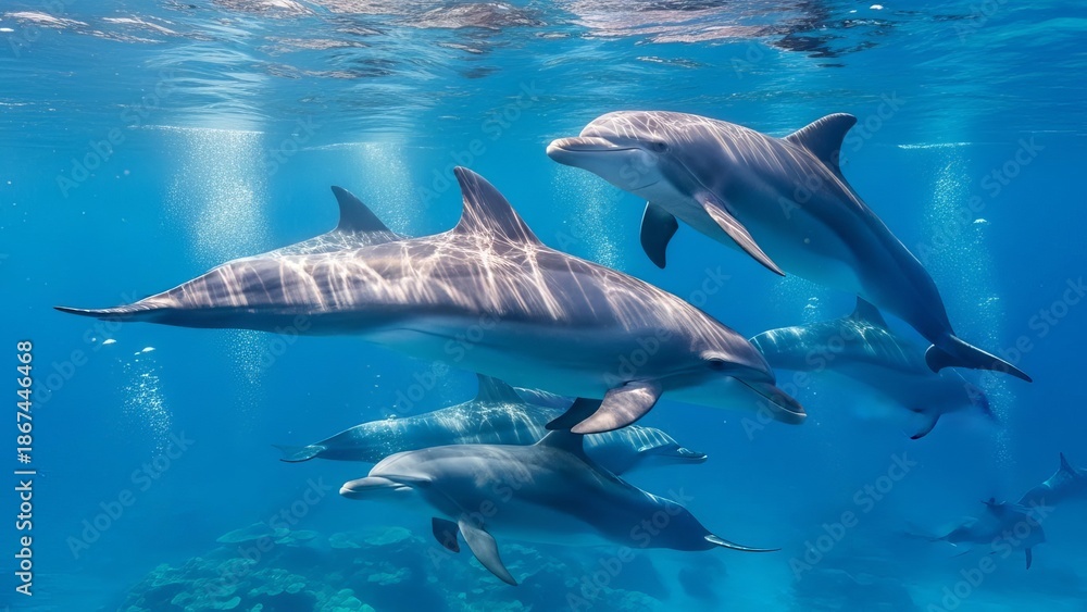 Obraz premium A pod of dolphins swimming together in the clear blue ocean water