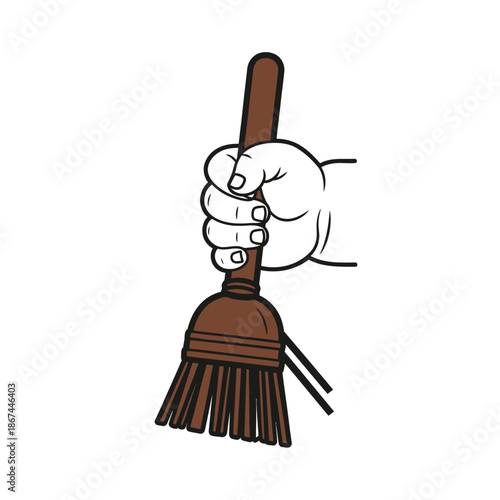 A cartoon hand firmly grasps a traditional brown broom, symbolizing household chores, cleanliness, and the act of sweeping in a simple, graphic illustration.