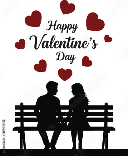 Valentine's day greeting with loving couple on a bench
