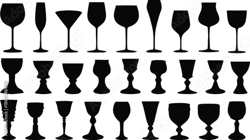 wine glass, glassware, silhouette, vector, drink, beverage, alcohol, wine, cocktail, flute, red wine, white wine, champagne, barware, menu, icon, illustration, design, graphic, element, restaurant, ev