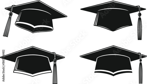 Vector icon set featuring black silhouette graduation caps with tassels for academic achievement school commencement and university celebrations.