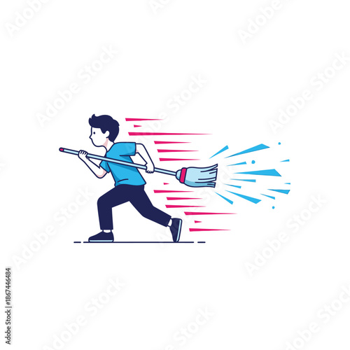 A dynamic character swiftly runs with a broom, illustrating quick and efficient cleaning or rapid service delivery in a modern, active lifestyle.