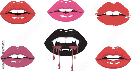 Vibrant collection of six vampire lips with various expressions