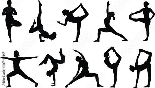 yoga, pose, silhouette, woman, health, mind, vector, illustration, position, healthy, lifestyle, exercise, fitness, meditation, balance, body, mindfulness, wellbeing, sport, training, gym, strength, f