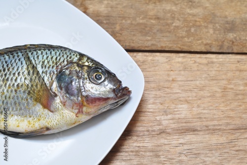 Wallpaper Mural Raw Tilapia Fish on White Plate with Wooden Background Torontodigital.ca