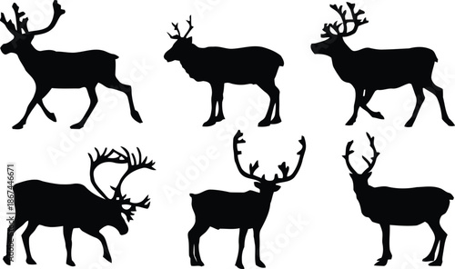 reindeer, silhouette, christmas, holiday, animal, winter, vector, illustration, clip art, graphic, design, deer, mammal, snow, antler, festive, pose, walking, standing, set, collection, isolated, tran