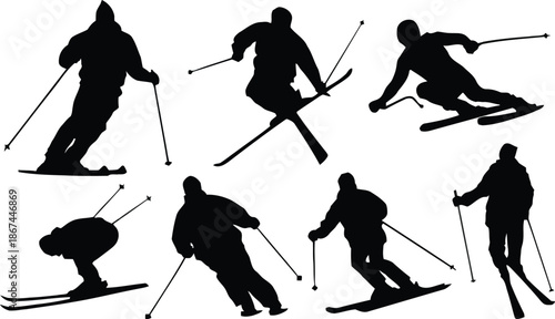 skier, silhouette, skiing, winter, sport, snow, downhill, cross country, freestyle, people, black, vector, illustration, graphic, design, clipart, isolated, shape, recreation, themed, active, elegant,