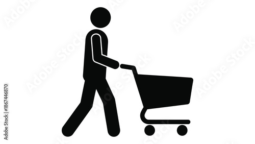 Simple black pictogram depicting a person pushing a shopping cart