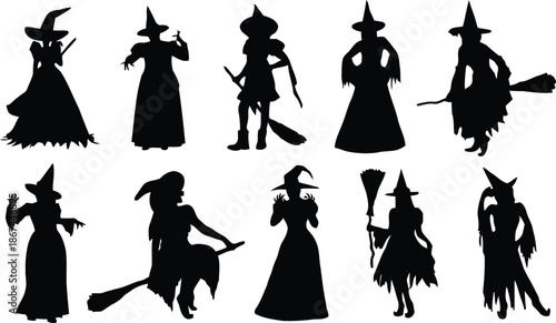 wiccan, silhouette, witch, halloween, magic, spell, caster, black, vector, illustration, graphic, design, clipart, isolated, shape, fantasy, artwork, themed, mystic, enigmatic, elegant, style, art, sy