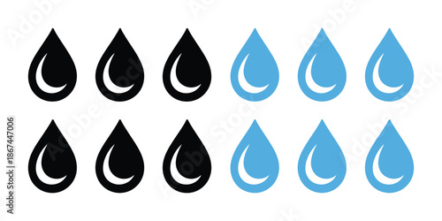 Water Drop Shape Icons, Flat Outline Style, Rain, Oil, and Blood Drop Designs for Plumbing Logos and Fluid Themed Projects.