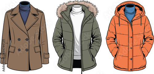Vector illustration of three winter jackets including a brown pea coat, olive fur parka, and orange puffer jacket with turtlenecks.