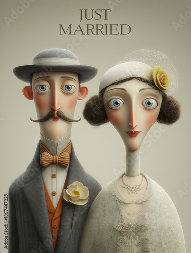 Vintage 1930s style wedding greeting card illustration featuring a cartoon bride and groom with just married text.