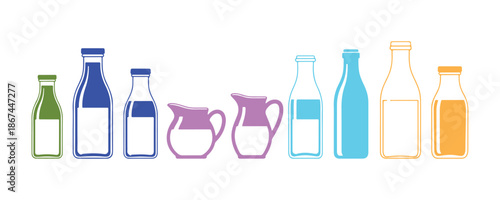 Collection of flat-style glass bottles featuring isolated milk. Vector illustration of milk in a flat style.

