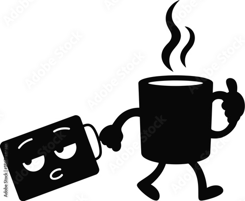 A whimsical black and white illustration of a sleepy animated coffee mug