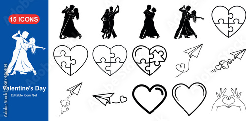 Valentine's Day Icons: A collection of meticulously crafted Valentine's Day icons, designed to symbolize love and connection, featuring silhouettes, hearts and Paper plane.