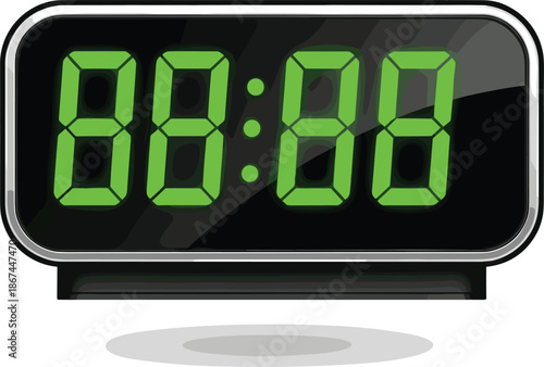 Vector illustration of a modern digital alarm clock featuring a green LED display and sleek black metallic frame.