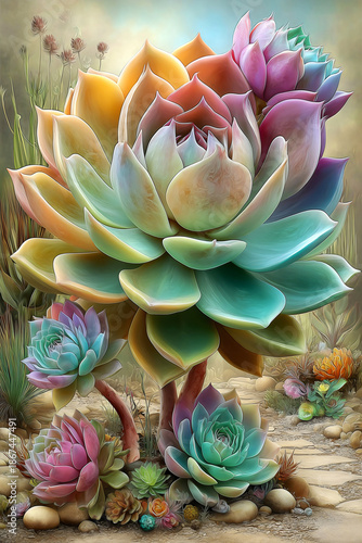 Colorful succulent plants illustration in a desert landscape with soft pastel colors and painterly texture.