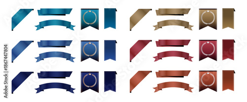 ティール・ロイヤルブルー・ネイビー・ゴールド・バーガンディ・ブロンズの6色サテン地、月桂樹の装飾入りタペストリーとコーナーリボンの高級見出しセット