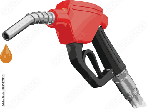 Vector illustration of a red fuel pump nozzle with a golden gasoline drop for petroleum and energy themes.