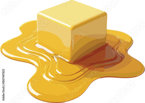 Vector illustration of a solid square pat of yellow butter melting into a glossy golden pool of oil.