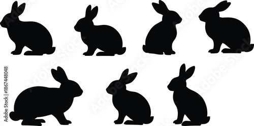 Rabbit silhouette set, bunny animal vector illustration, cute wildlife shapes, black outline artwork, Easter design, woodland pet drawing clipart
