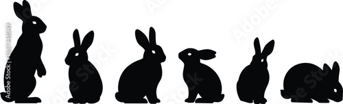Rabbit silhouettes vector set, bunny poses illustration, domestic animal artwork, black outline design, cute hare shapes for Easter decoration