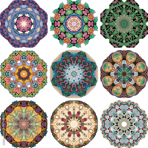 Set of colorful cute Mandalas. Decorative unusual round ornaments.