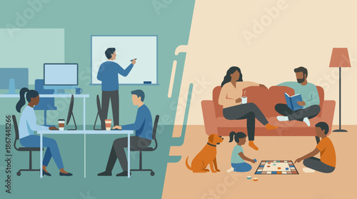 Work life balance illustration showing harmony between professional responsibilities and personal family life